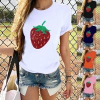 2023 NEWSummer Women S Cute Strawberry Pattern Printed T-Shirt Women S Fashion Casual Strawberry Round Neck Short-Sleeved Shirt Blouse