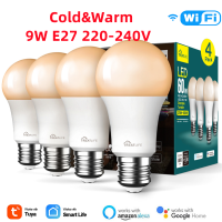 E Life Smart Store 1/2/4ชิ้น TUYA หลอดไฟไฟ LED CW E27 9W 220-240V หรี่แสงได้เย็นและอบอุ่นหลอดไฟอัจฉริยะเสียงชีวิตสมาร์ทแอปรีโมทคอนโทรลไฟกลางคืนควบคุมระบบการตั้งเวลาแบบอัจฉริยะทำงานร่วมกับ Alexa