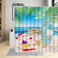 Creative Christmas Shower Curtain Palm Leaves Ocean Beach Funny Santa Claus Surfboard Nature Scenery Bathroom Curtains Decor Set