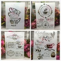 4 Pcs A4 29 ซม. ชาถ้วยกาแฟ Words DIY Layering Stencils ภาพวาดสมุดภาพสี Embossing Album ตกแต่งแม่แบบ-muya522538