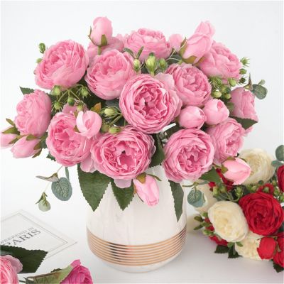 【CC】 30cm Pink Silk Bouquet Artificial Flowers 5 Big Heads 4 Small Bud Bride Wedding Decoration Fake Faux