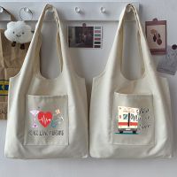 【Lanse store】Female Shopping Shoulder Bag Foldable Reusable Casual Nurse Print Pattern Black Canvas Student Portable Travel Grocery Handbag