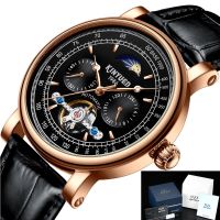 ⌚นาฬิกาอัตโนมัติสำหรับผู้ชายนาฬิกากลไก Tourbillon นาฬิกาสำหรับผู้ชายเฟสของดวงจันทร์กันน้ำหรูหรานาฬิกาผู้ชายสายหนัง