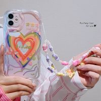 เคส RouJiang + โซ่ลูกปัดสำหรับ Vivo Y36 Y02 Y20 Y21 Y15A Y02s Y35 Y22 Y16 V25 Y30 Y50ไล่ระดับสีรุ้งรักหัวใจผีเสื้ออุปกรณ์เสริมที่สวยงามซิลิโคนใสป้องกันสต็อกพร้อม