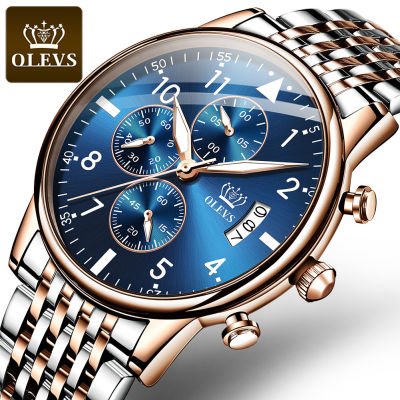 OLEVSนาฬิกาผู้ชายแฟชั่นของแท้,นาฬิกากันน้ำสแตนเลสหน้าปัดขนาดใหญ่แบบเรียบง่ายนาฬิกาดิจิตอลจับเวลากีฬาเรืองแสงปฏิทิน