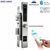 ZHDCOOKEY ประตูล็อคอัจฉริยะดิจิตอลรหัสผ่านการ์ด IC ลายนิ้วมือบลูทูธกันน้ำแบบชาวยุโรปอิเล็กทรอนิกส์สำหรับประตูอลูมิเนียม