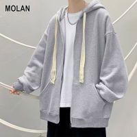 MOLAN  เสื้อกันหนาวดำสื้อแจ็คเก็ตแขนยาวผู้ชายเสื้อสเวตเตอร์ถักแจ็คเก็ตลำลองแฟชั่นเรียบง่าย INS