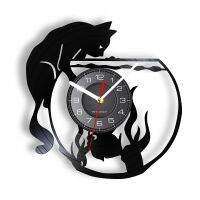 Hot sell Cat Catching Fish Art Silent Quartz Wall Clock for Living Room Cat In Fish Bowl Vinyl Album Re-purposed Record Clock Retro Watch