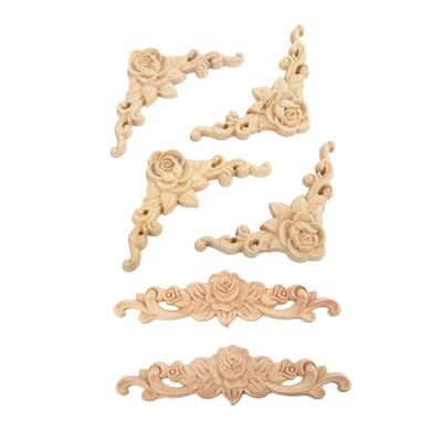 12 Pcs Wood Carved Long Onlay Applique Unpainted Rose Flower Door Home Decor European Style, 2Pcs 20x5Cm &amp; 10Pcs 8x8Cm