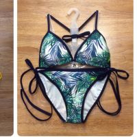 (โปร++) New Bikini ลายใบไม้ มีฟองน้ำ สีเขียว Green Leaves pattern bikini  ราคาถูก บิกินี่ ชุดว่ายน้ำ ทูพีช บิกินี่ผู้หญิง