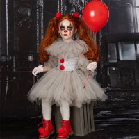 Halloween Girls Pennywise Tutu Dress Kids Cosplay Scary Gray Clown Costume Girl Performance Dress Up Masquerade Party Clothing