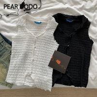 PEAR DODO เสื้อคาร์ดิแกนแขนกุดโปโลปกเซ็กซี่สไตล์เกาหลีเสื้อแขนกุดสำหรับผู้หญิง