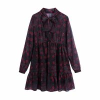 ZEVITY Women Elegant Bow Collar Floral Print Hem Pleat Ruffles Mini Dress Ladies Chic Long Sleeve Casual Kimono Vestido DS8813