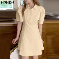 VONDA ชุดเดรสเข้ารูปปกเสื้อสตรีแฟชั่นแขนสั้นของผู้หญิง (ลายดอกไม้เกาหลี)