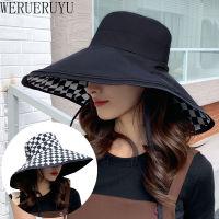 Summer Wide Brim Sun Visor Bucket Hat for Women Plaid Reversible Korean Fashion Elegant Fedoras Outdoor Beach Outing Fishing Cap