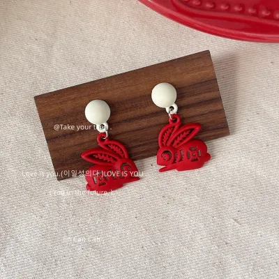[COD] [Paper-cut art] earrings! 925 silver needle baking varnish red new New Year Daji earrings factory