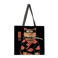 【YD】 Floating world painting with cat print linen fabric shopping office reusable casual shoulder bag