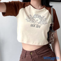 Wittygirlsshop เสื้อยืดลําลองแฟชั่นสําหรับสตรีแขนสั้นพิมพ์ลาย Abstract ทรงหลวม