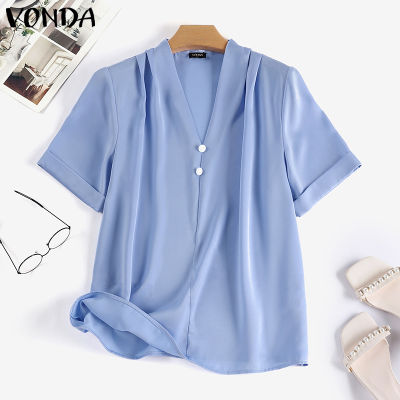 (จัดส่งฟรี)Fancystyle VONDA เสื้อทำงานคอวีของผู้หญิงเสื้อสีพื้นแขนลำลองขาสั้นแนวธุรกิจเสื้อมีจีบ #2