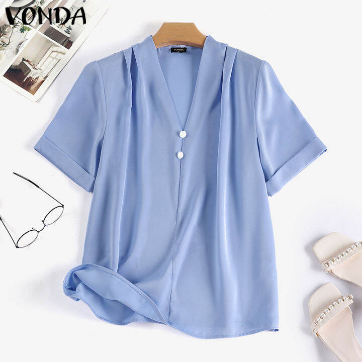 จัดส่งฟรี-fancystyle-vonda-เสื้อทำงานคอวีของผู้หญิงเสื้อสีพื้นแขนลำลองขาสั้นแนวธุรกิจเสื้อมีจีบ-2