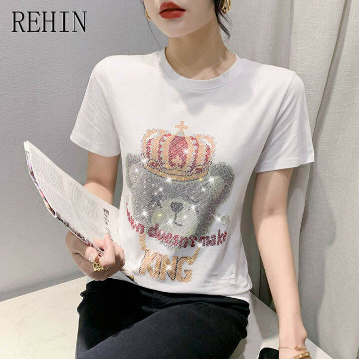 rehin-เสื้อยืดแขนสั้นผู้หญิง-ดีไซน์ใหม่การ์ตูนสว่านร้อนหลวมและย้อนยุคคอกลมเสื้อเข้ารูปพอดีลำลอง