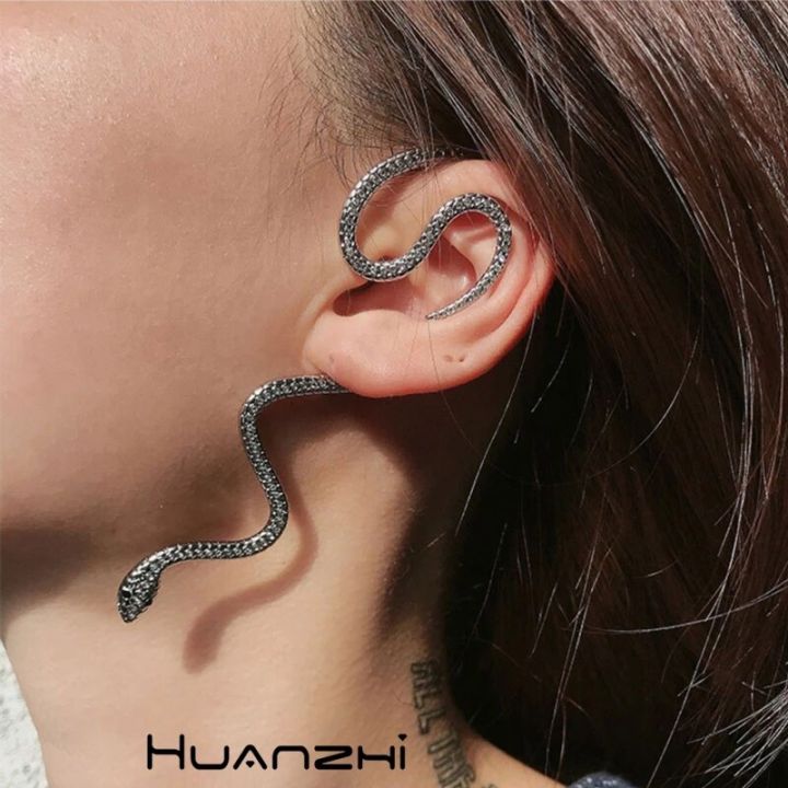 huanzhi-ใหม่แฟชั่นพังก์งูรูปร่างฮิปฮอปคริสตัลสีเงินสีทองตุ้มหูชุบโลหะสำหรับเครื่องประดับผู้หญิงหญิงสาว
