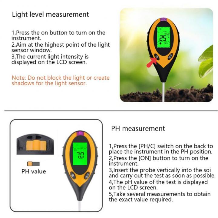 เครื่องทดสอบแสงแดดอุณหภูมิจอตรวจสอบความชื้นแบบ4-in-1สำหรับ-alat-pengukur-ph-tanah-ทำสวนพืชไร่เซ็นเซอร์ชื้นมีแบล็กไลท์
