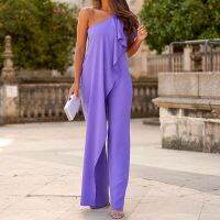 ；【‘；- Womens Fashionable Temperament Solid Color Loose Fitting  Diagonal Shoulder Sleeveless Long Jumpsuit Daily Casual Clothing