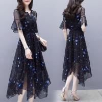 Women Elegant Summer Mandarin Sleeve Irregular Printed Chiffon Dress