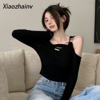 Xiaozhainv เสื้อยืดแขนยาวสั้นเปิดไหล่เอวสูงเซ็กซี่สำหรับผู้หญิง