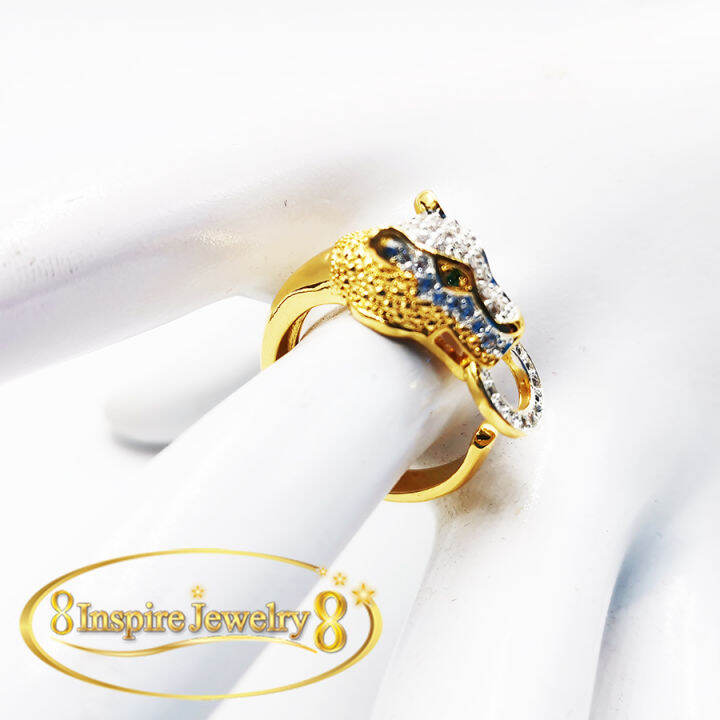 inspire-jewelryชุดเซ็ทกำไลหัวเสือและแหวนฝังเพชรcz-ตาพลอย-free-size-งานดูแพง-เพชรเล่นแสงดีมาก-งานชุปทอง