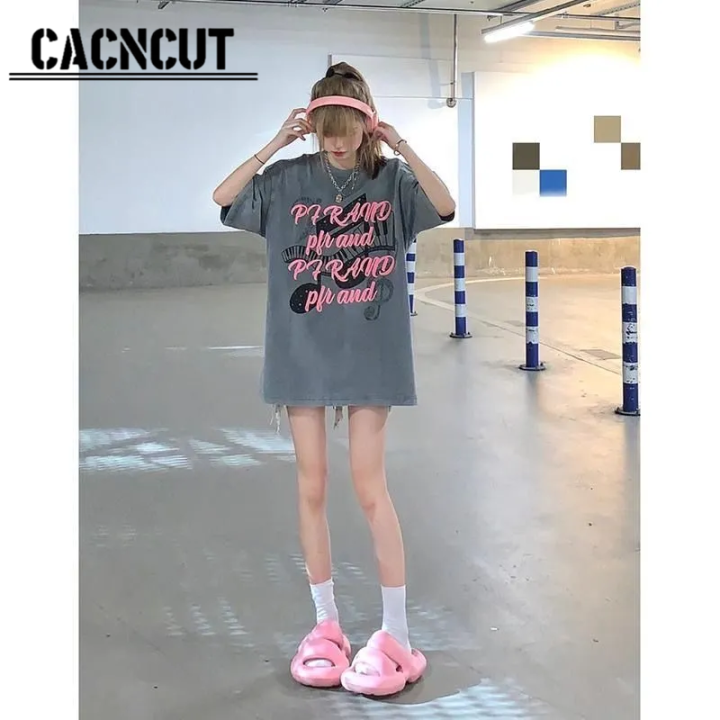 cacncut-เสื้อยืดแขนสั้นสำหรับผู้หญิง-เสื้อทรงหลวมสไตล์ยุโรปและอเมริกาสำหรับสตรีททรงหลวมอเมริกาแบบย้อนยุค