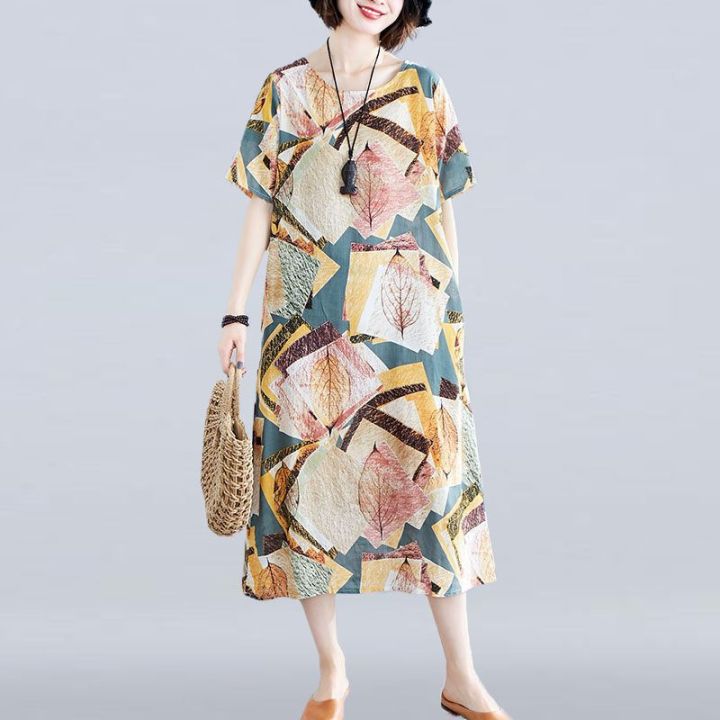 เสื้อผ้าผู้หญิงบวกขนาดใหม่ฤดูร้อนศิลปะวินเทจเสื้อผ้าผู้หญิงดอกไม้พิมพ์หลวม-ๆ-ผู้หญิงขนาดกลางยาว