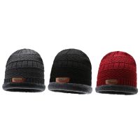 2pcs Winter Warm Knitted Hat Scarf Men Outdoor Camping Travel Velvet Beanies Cap