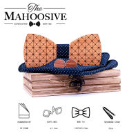 (ร้อน) ไม้ Mens Bow Tie ลายสก๊อตผีเสื้อไม้ Bow Ties สำหรับผู้ชาย Tie Hanky Cufflink ชุดสำหรับธุรกิจงานแต่งงาน Party