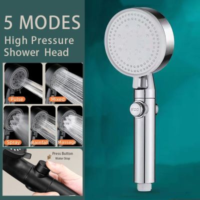 Water Saving Shower Head 5 Modes Black Adjustable High Pressure Shower Knobs One-key Stop Water Massage Shower Head For Bathroom Showerheads