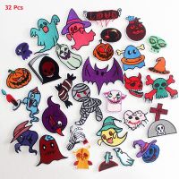 32 Pcs/Lot Cartoon Cloth Patches Iron on Skull Halloween Ghost Festival Pumpkin Stickers for Clothing KIds Embroidery Stripes Haberdashery