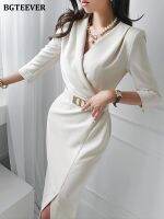 【HOT】✾ BGTEEVER V-neck Bodycon Vestidos Half Sleeve Belted Split Hip Female