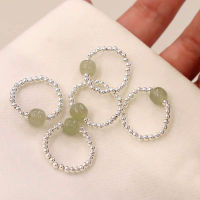 S925 Sterling Silver Elastic Rope Ring Womens Chinese Style Small Design Premium Silver Beads Hotan Jade Tail Ring 5NLN