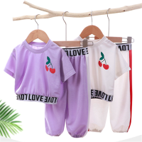 Korean Version Girls Kids Cute Sweet Pure Color Short Style Tops + Nine-Point Pants Fashion Clothing Sets Summer Children Outwear Trend Two-Pieces Girl Baby Casual Short Sleeves Loose Clothes Suits For 1-8 Years