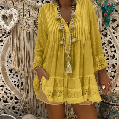 Lace Hollow Out Womens Tops And Blouses 2020 Summer Beach Style Plus Size Female Tunic Loose Long Sleeve Dot Baggy Blouses Shirt