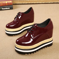 New Women Shoes Patent Leather Lace Up Thick Heel Increased Flat Platform Oxford Shoes Woman Loafers Solid Black Casual Shoes