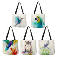 Creative Pattern Lady Shopping Shoulder Bags Watercolor Art Bird Owl Dragonfly Print Handbag Eco Linen Practical Office Totes