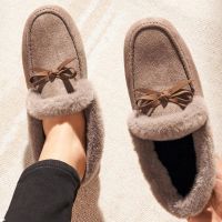 women Butterfly-Knot Fluffy Plush Flat Shoes 2022 Fashion Winter Warm Faux Fur Flock Loafers Ladies Slip On Shallow Boat Shoes