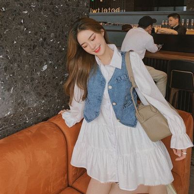 Western style suit womens 2023 new Korean version of the age-reducing sling+shirt dress white denim vest short paragraph