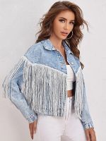 ZZOOI Ailegogo New Spring Women Loose Tassel Washed Blue Denim Jacket Streetwear Female Retro Short Coat Ladies Outwear