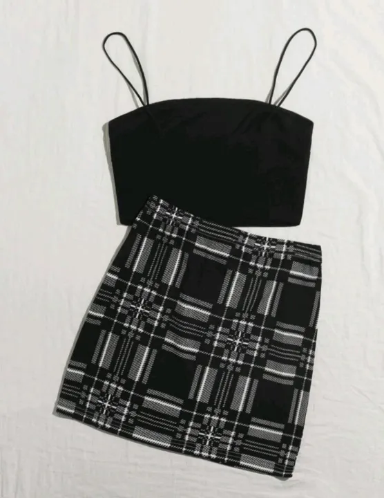 SHEIN Solid Crop Top& Slip Hem Plaid Skirt Set Lazada PH