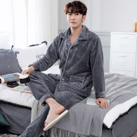 Coral Fleece Pajamas 2 piece Set Men Autumn and Winter Plus Velvet Thick Warm Flannel Home Service Mens Suit Homewear