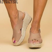 【YP】 AIYKAZYSDL Sandals Hemp Rope Cane Platform Wedge Med Heel Thick Sole Bottom Shoes