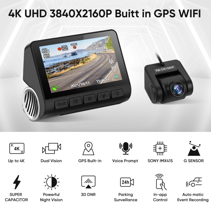 กล้องติดรถยนต์ระบบ-gps-ในตัว4k-รองรับระบบ-dvr-กล้องมองหลังเครื่องบันทึกวีดีโอ2160p-กล้องบันทึกการขับขี่วิสัยทัศน์ตอนกลางคืน-wdr-จอดรถ24ชั่วโมง